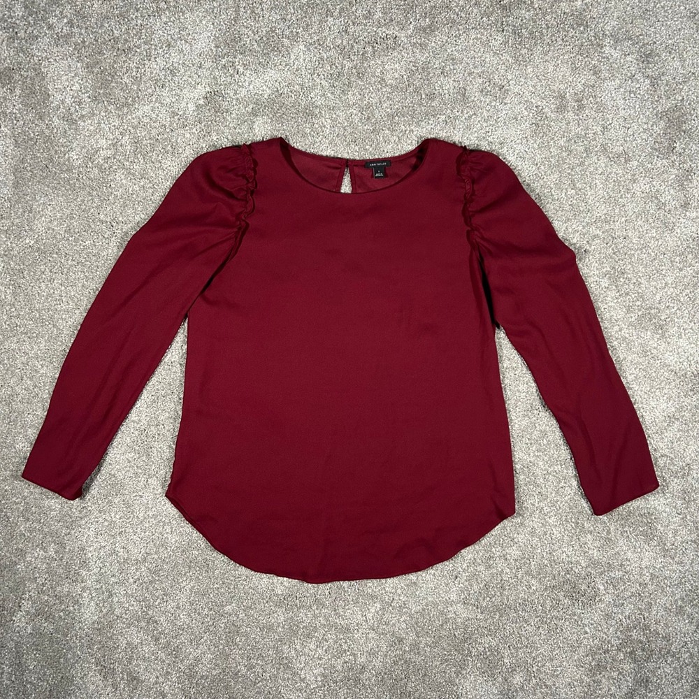Ann Taylor Womens Small Burgundy Ruffle Puff Sleeve Keyhole Back Blouse Top